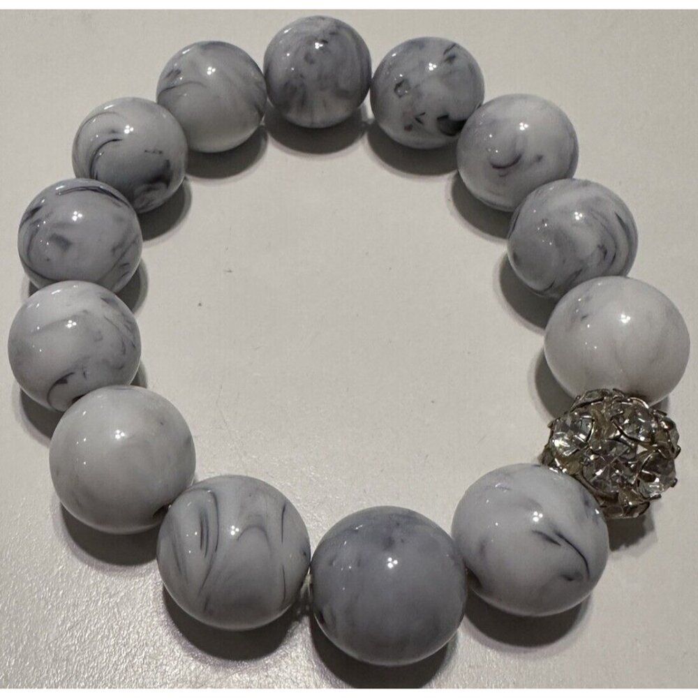 White Faux Marble Howlite Stretch Bracelet Rhinestone Beaded